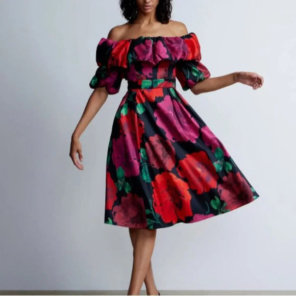 New York & Company Floral Print Off Shoulder Flare Dress Multicolor Sz Large NWT - Picture 2 of 13
